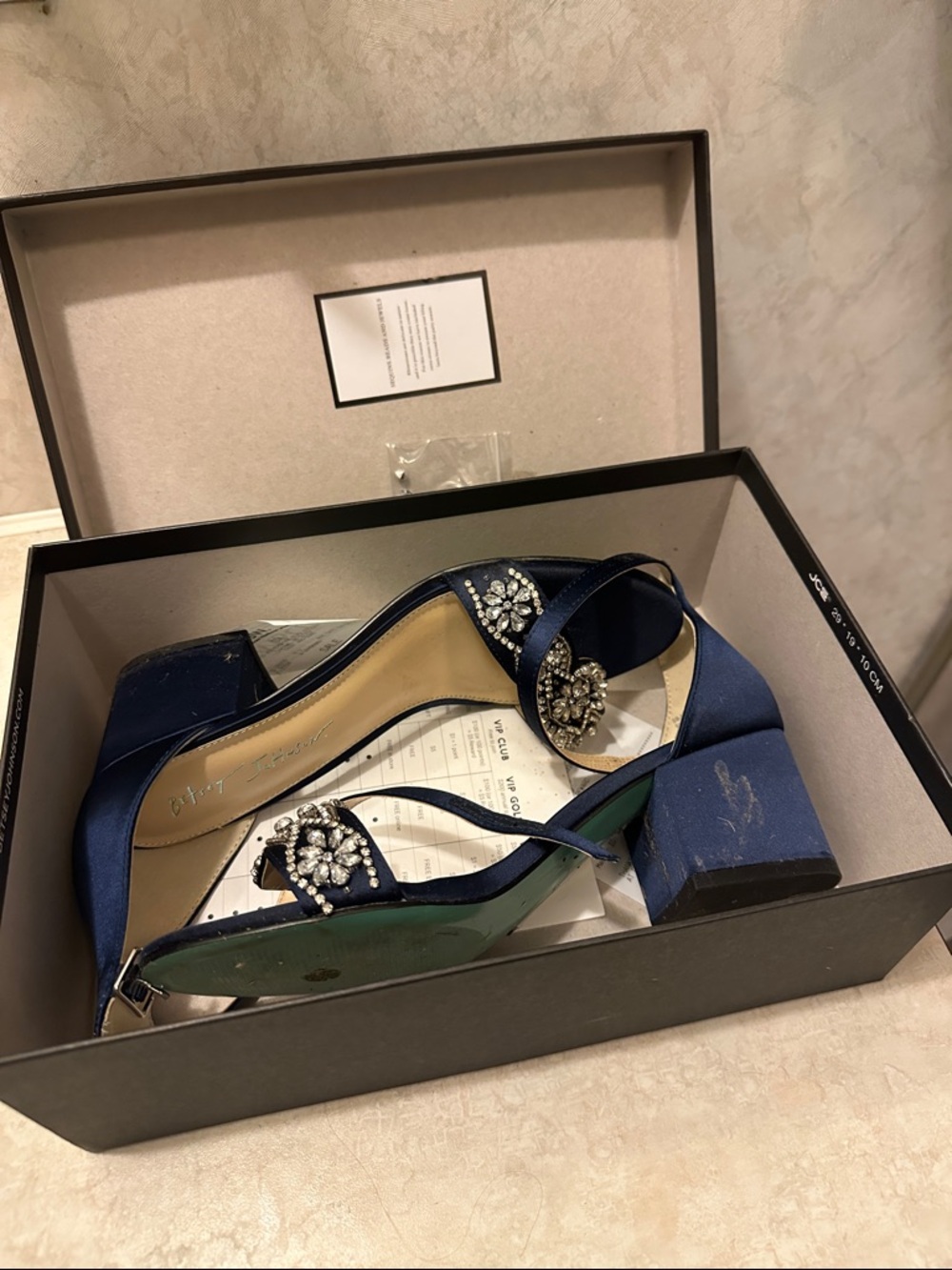 Betsey Johnson Navy Satin Crystal-Embellished Block Heel Sandals